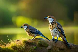 two birds sitting on a rock near a pond. AI-Generated photo