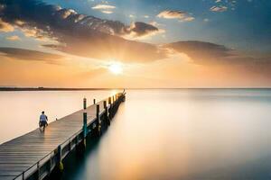 a man walking on a pier at sunset. AI-Generated photo