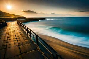 a long exposure photo of the ocean and a pier at sunset. AI-Generated