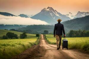 man walking on a dirt road with a suitcase. AI-Generated photo