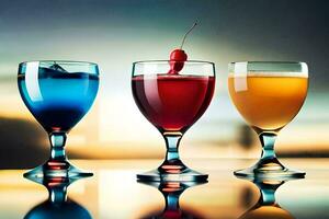 Tres lentes de diferente de colores bebidas en un mesa. generado por ai foto