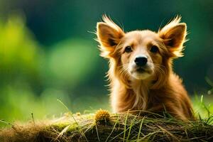 a dog sitting in the grass with a pine cone. AI-Generated photo