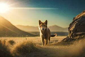 a dog walking in the desert at sunset. AI-Generated photo