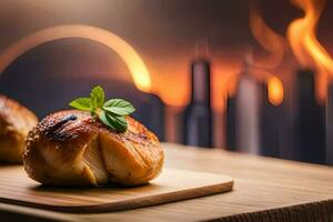 two buns on a wooden board with a cityscape in the background. AI-Generated photo