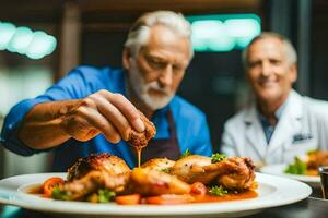 dos hombres son servicio comida a cada otro. generado por ai foto