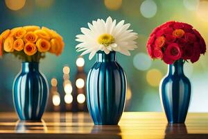 three vases with flowers on a table. AI-Generated photo
