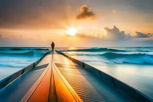 a man stands on a wooden dock looking out at the ocean. AI-Generated photo