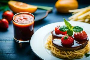 a plate of spaghetti with strawberries and a glass of juice. AI-Generated photo