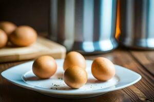 five eggs on a white plate next to a silver canister. AI-Generated photo