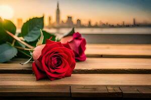 two red roses on a wooden table with a city skyline in the background. AI-Generated photo