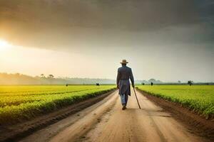 a man walking down a dirt road in a field. AI-Generated photo