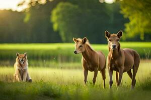 three horses standing in a field with a fox. AI-Generated photo