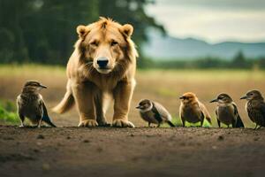 un león y un grupo de aves en un suciedad la carretera. generado por ai foto