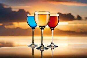 three wine glasses with different colored liquids on a table. AI-Generated photo