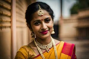 a beautiful indian bride in a yellow sari. AI-Generated photo