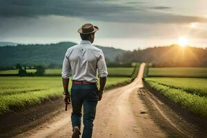 a man in a hat and shirt walking down a dirt road. AI-Generated photo