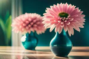 two pink flowers in blue vases on a table. AI-Generated photo