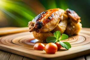chicken on a wooden cutting board with tomatoes and herbs. AI-Generated photo