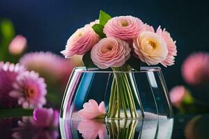 pink flowers in a glass vase on a table. AI-Generated photo