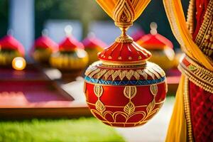 a red and gold decorated pot hanging from a curtain. AI-Generated photo