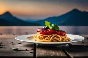 spaghetti with tomato sauce and basil leaves on a plate. AI-Generated photo