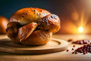 a bun with meat and pomegranate seeds on a wooden board. AI-Generated photo