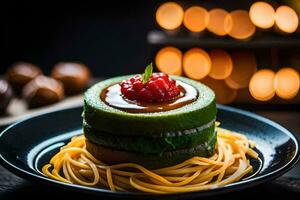 a plate with spaghetti and a vegetable on it. AI-Generated photo