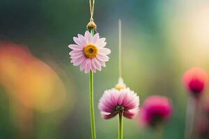 two pink flowers are hanging from a string. AI-Generated photo