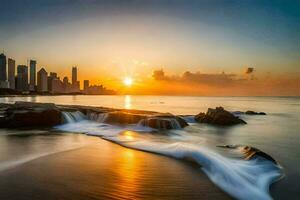 the sun sets over the city skyline in chile. AI-Generated photo
