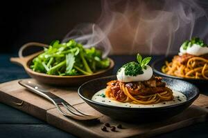 spaghetti with meatballs and sauce in a bowl. AI-Generated photo