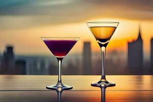 two cocktails sit on a table in front of a city skyline. AI-Generated photo