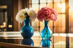 two blue vases with pink flowers on a table. AI-Generated photo