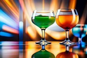 two glasses of colorful drinks on a table. AI-Generated photo