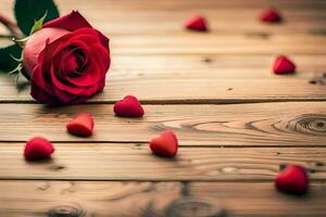 a single red rose on a wooden table with hearts scattered around it. AI-Generated photo