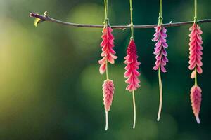 four pink flowers hanging from a branch. AI-Generated photo