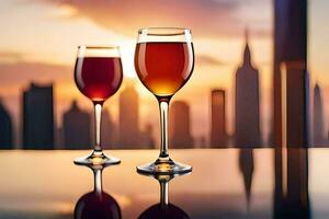 dos lentes de vino en un mesa con un ciudad horizonte en el antecedentes. generado por ai foto