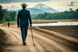 a man in a suit walks down a dirt road with a cane. AI-Generated photo