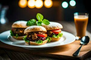 three burgers on a plate with a drink. AI-Generated photo