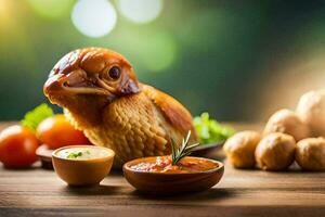 un pollo es sentado en un mesa con un cuenco de patatas y Tomates. generado por ai foto