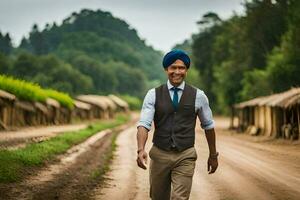 a man in a turban walking down a dirt road. AI-Generated photo