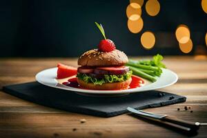 a hamburger with strawberries and tomatoes on a plate. AI-Generated photo