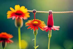 flowers hanging from a rope in the sun. AI-Generated photo