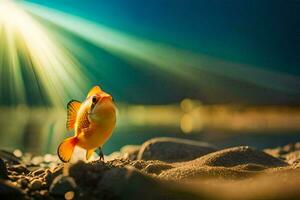 un pescado es en pie en el playa con el Dom brillante. generado por ai foto