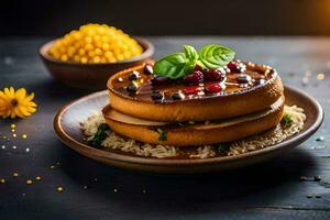 a plate with a stack of pancakes and berries. AI-Generated photo