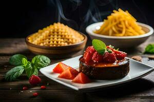 a plate with a dessert and some pasta. AI-Generated photo