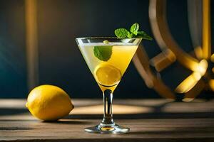 a cocktail with lemon and mint on a wooden table. AI-Generated photo