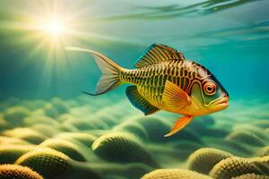 fish in the ocean with sun shining through the water. AI-Generated photo