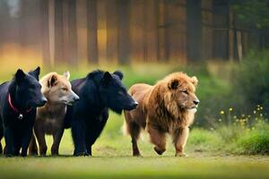cuatro negro y marrón leones caminando en el bosque. generado por ai foto