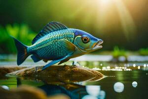 a fish is standing on a rock in the water. AI-Generated photo