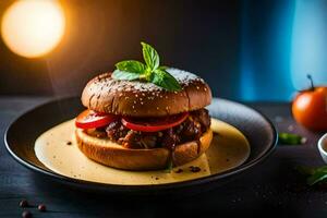 a hamburger with tomato and cheese on a plate. AI-Generated photo
